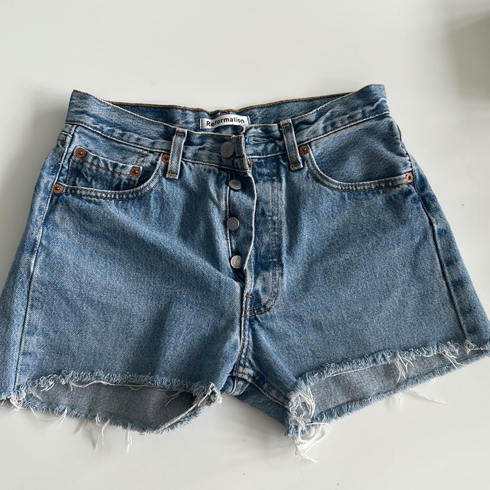 Reformation Blue Denim High-Rise Frayed Hem Shorts